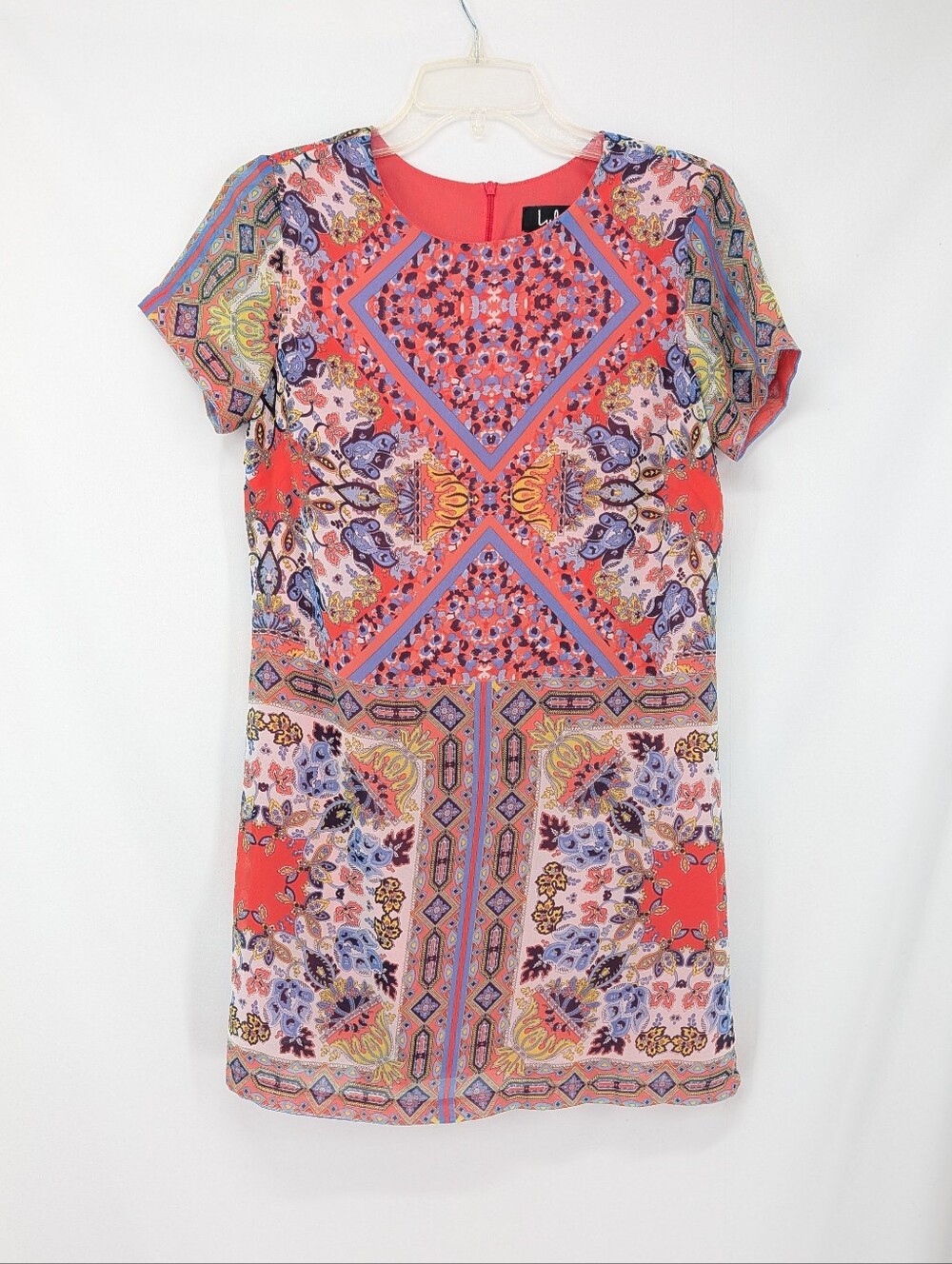 Lulus Sangria Coral Pink Tile Print Shift Mini Dress Small Wedding Guest Party